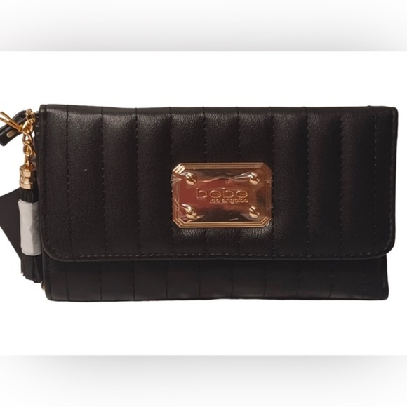 BEBE black rowan quilted tassel gold plated trifold wallet purse clutch wristlet - Picture 4 of 9
